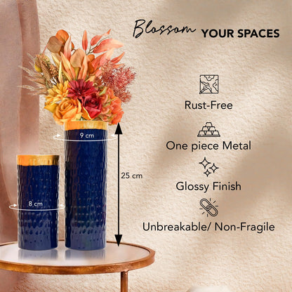 Ekhasa Unbreakable Metallic Blue Flower Vase for Home Decor | Aesthetic Vase Gift for Wedding, Housewarming, Parties | Decorative Metal Vase for Living Room, Dining Table, Office (Set of 2)