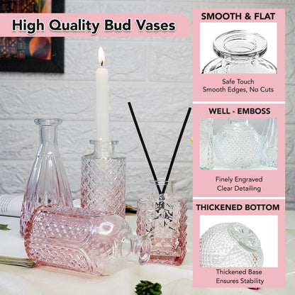 Ekhasa 100% Crystal Pink Glass Bud Vases Flower Pots for Home Decoration (Set of 5) | Center Table Mini Decorative Items | Transparent Glass Vase for Water Plants | Glass Planters for Indoor Plants