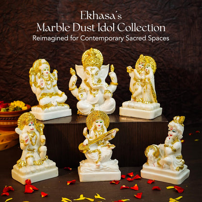 Ekhasa Aura Series Marble Dust Bal Gopal Murti (5 inch) | Gold Plated Laddu Gopal Murti for Pooja Room | Resin Baby Krishna Idol for Home | Bal Krishna Idol | Sri Krishna Idols Gift | Makan Chor Idol