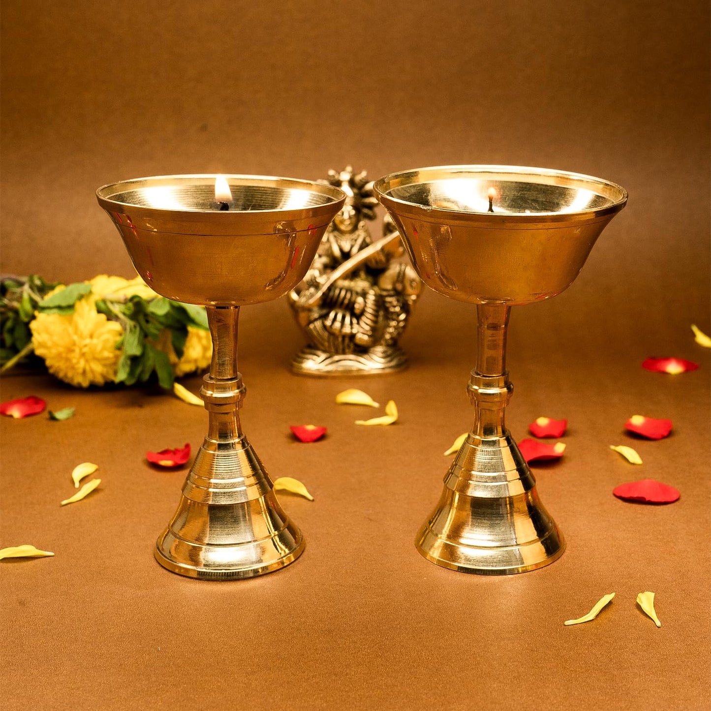 Ekhasa 100% Pure Brass Heavy Udupi Nanda Table Diya for Puja | Akhand Jyothi Deepam Kundulu for Pooja | Brass Vilakku Diyas for Pooja | Dipak Diva Deepas for Pooja | Tall Deep Pyali Stand (Set of 2)