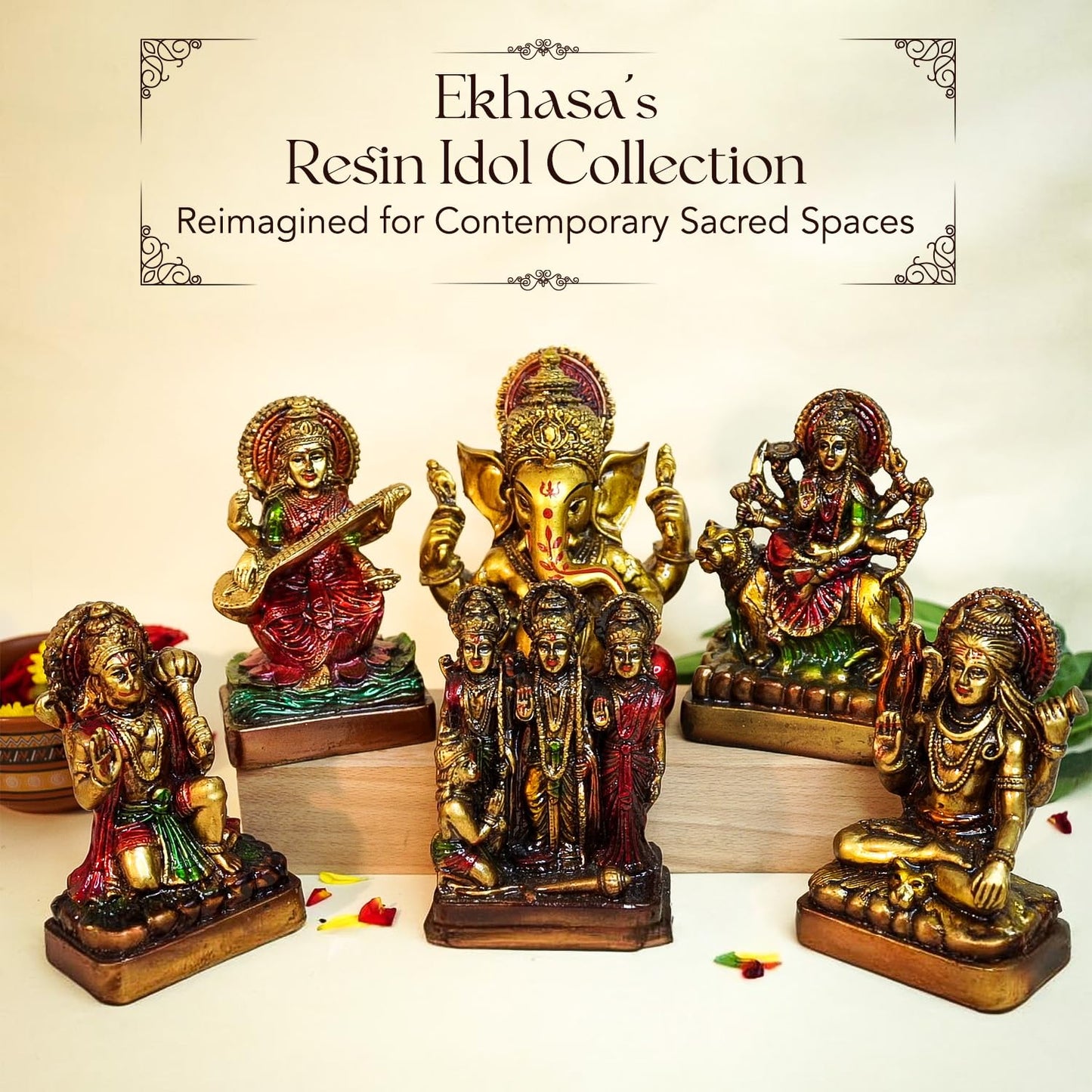 Ekhasa Aura Series Antique Gold Painted Hanuman Ji Murti (5 inch) | Marble Dust Lord Hanuman Idol for Home Decor | Resin Bajrangbali Murti for Puja Room | Bahubali Hanuman Idol with Gada for Gift