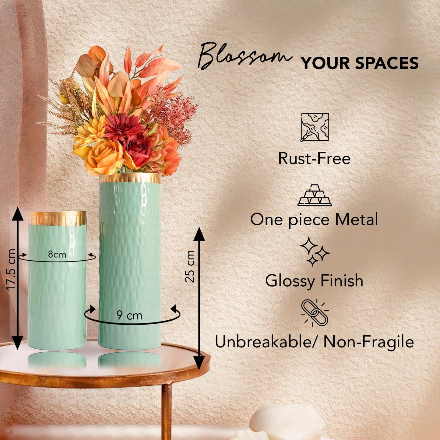 Ekhasa Unbreakable Metallic Aqua Green Flower Vase for Home Decor | Aesthetic Vase Gift for Wedding, Housewarming, Parties | Decorative Metal Vase for Living Room, Dining Table, Office (Set of 2)