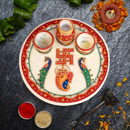 Ekhasa Marble Pooja Thali for Home | Puja ki Thali for Shop | Aarti Thali for Pooja for Office | Pooja Thali Decorative for Gift | Poojaa kee Thaalee | Prasad Thali for Pooja (Handmade)