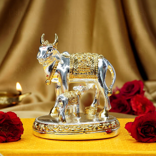 Ekhasa Kamdhenu Cow with Calf Vastu Idol | Gomatha Cow and Calf Statue for Pooja | Silver Cow Calf Idol for Home Decor, Vastu, Feng Shui, Pooja Room, Good Luck, Gift for Griha Pravesh Ceremony