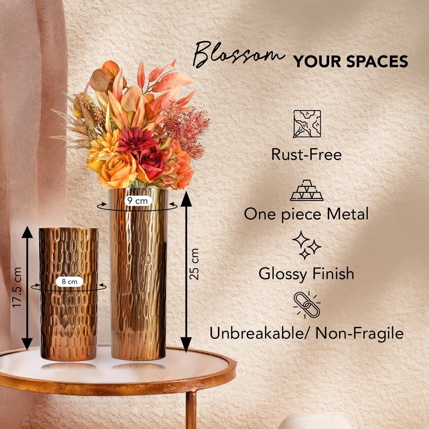 Ekhasa Unbreakable Metallic Gold Flower Vase for Home Decor | Aesthetic Vase Gift for Wedding, Housewarming, Parties | Decorative Metal Vase for Living Room, Dining Table, Office (Set of 2)