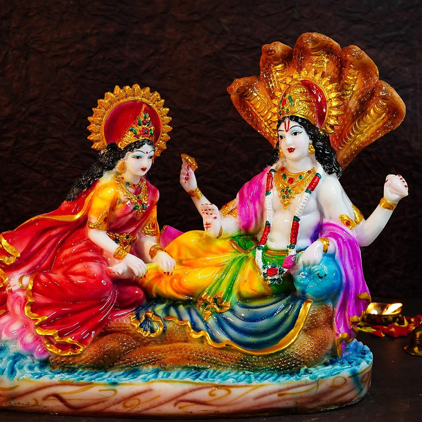 Ekhasa Aura Series Big Size Marble Dust Vishnu Laxmi Murti on Sheshnag Sarp for Puja (1 Feet) | Handpainted Laxmi Narayan Murti | Resin Lakshmi Narayan Idol for Gift | Lakshmi Narayana Murti for Home