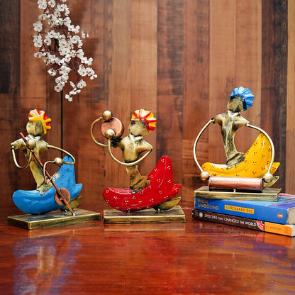 Ekhasa Metal Show Pieces for Home Decor | Gifts for Showcase, TV Unit Decoration | Statue, Figurines, Artifacts for Table, Living Room Decorative Items (Rajasthani Musicians - Set of 3)