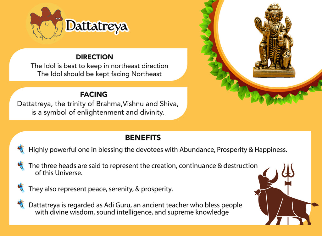 Pure Brass Dattatreya Murti Idol for Puja, Study Table, Pooja Room & Home Decor
