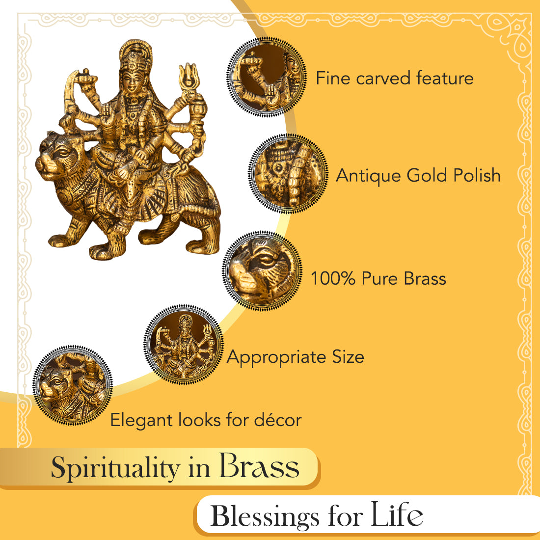 Brass Durga Idol for Home Decor, Pooja Room, Office Desk & Gifting