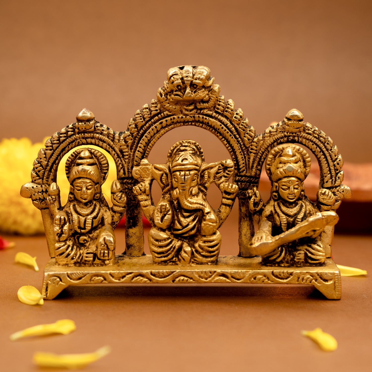 Pure Brass Lakshmi Ganesha Saraswati Idol for Pooja Room & Gifting
