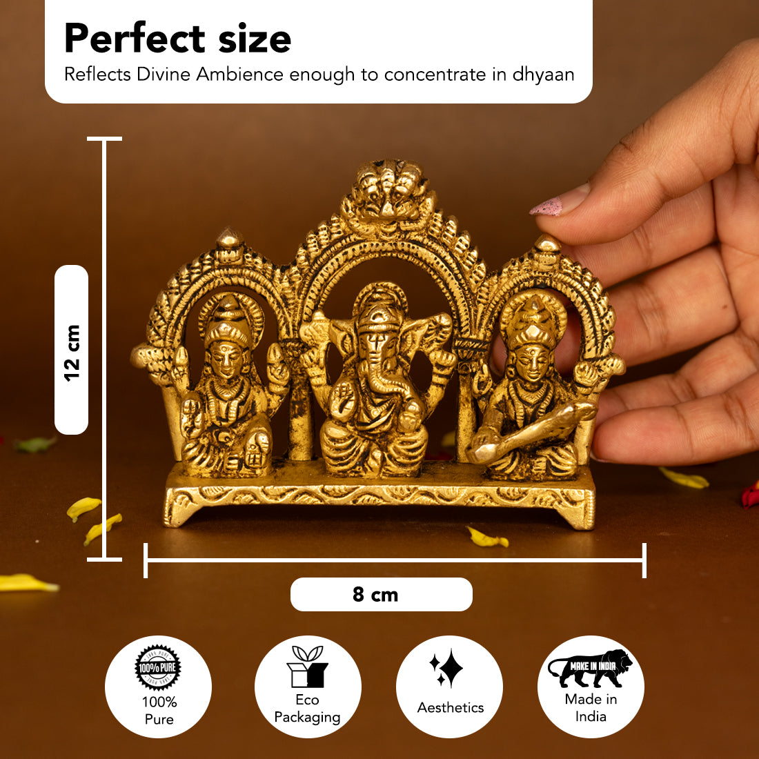 Pure Brass Lakshmi Ganesha Saraswati Idol for Pooja Room & Gifting