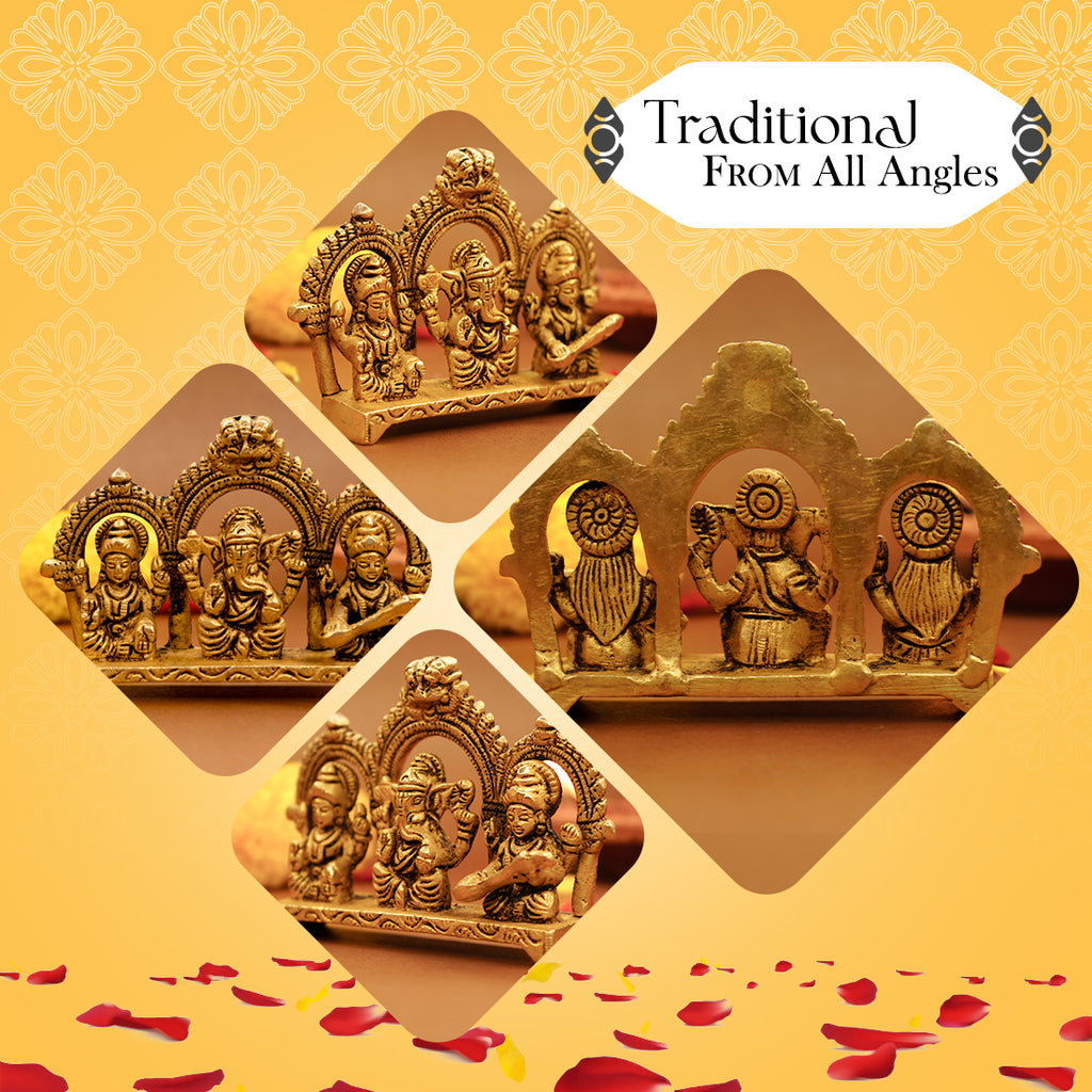 Pure Brass Lakshmi Ganesha Saraswati Idol for Pooja Room & Gifting