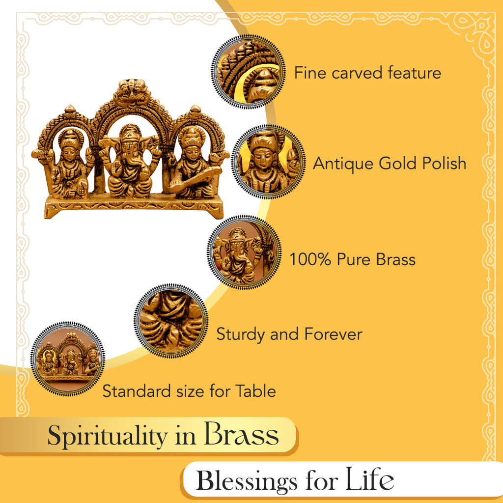 Pure Brass Lakshmi Ganesha Saraswati Idol for Pooja Room & Gifting