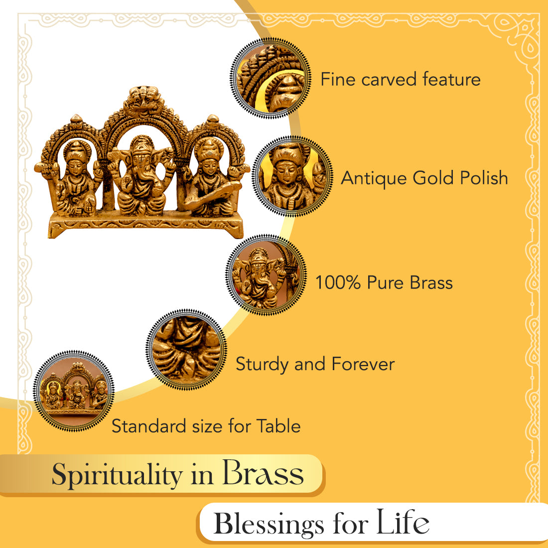 Pure Brass Lakshmi Ganesha Saraswati Idol for Pooja Room & Gifting
