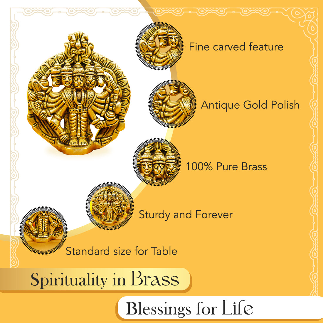 Brass Panchmukhi Hanuman Idol Wall Decor (Size: 10 cm) for Pooja & Home Decor