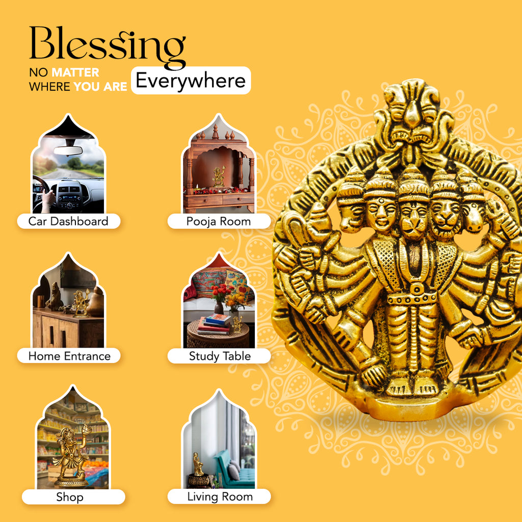 Brass Panchmukhi Hanuman Idol Wall Decor (Size: 10 cm) for Pooja & Home Decor