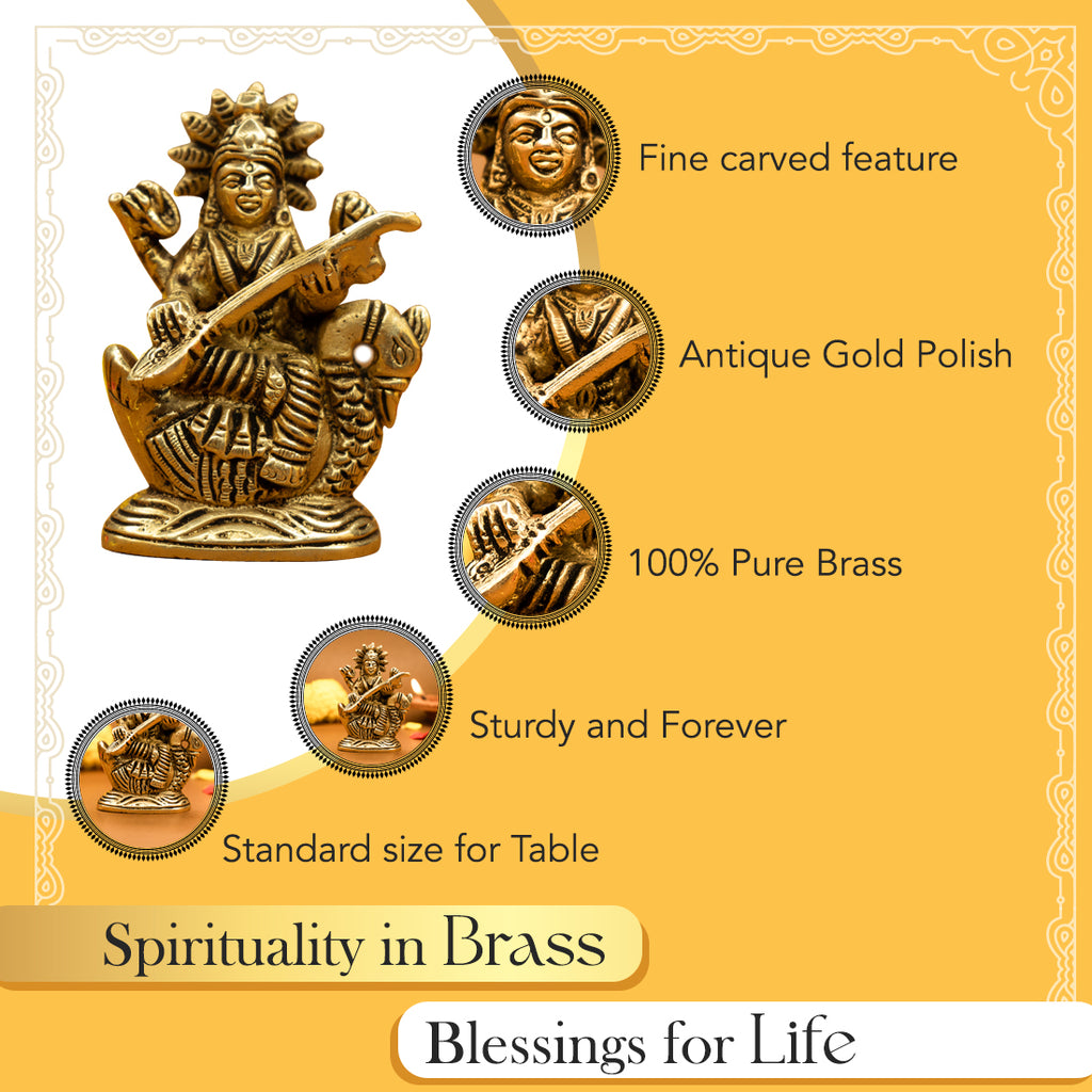 Pure Brass Saraswati Idol for Study Table, Pooja Room & Home Decor