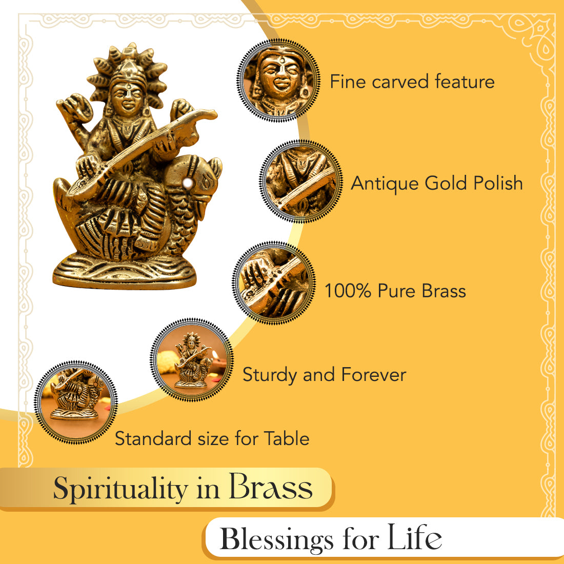 Pure Brass Saraswati Idol for Study Table, Pooja Room & Home Decor