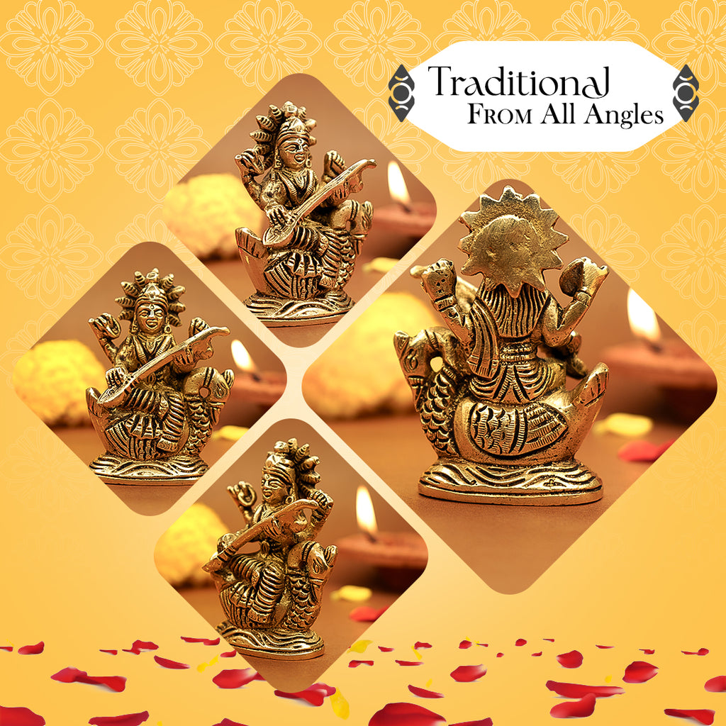 Pure Brass Saraswati Idol for Study Table, Pooja Room & Home Decor