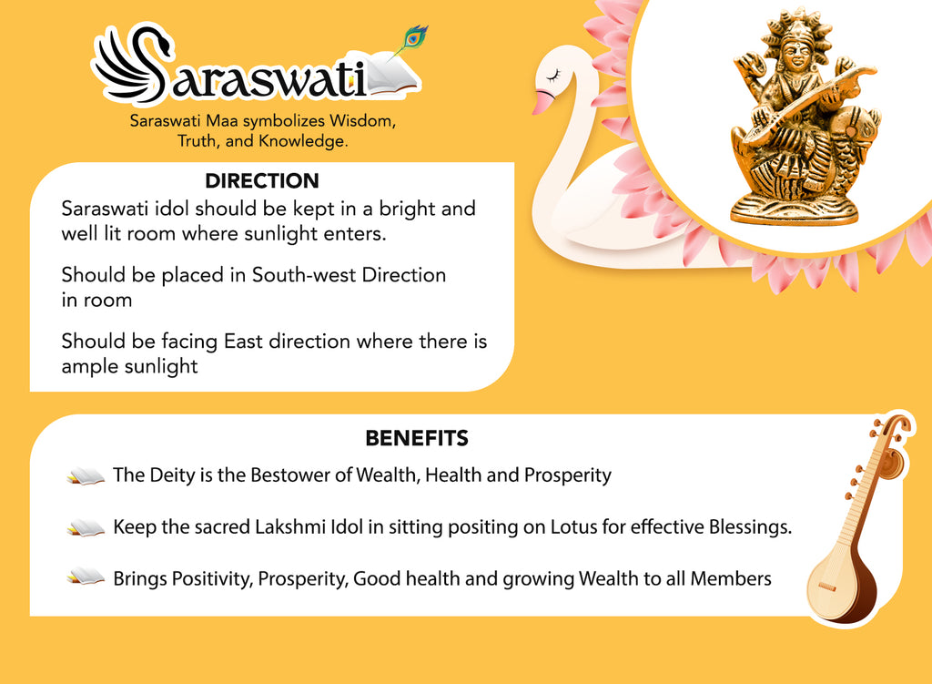 Pure Brass Saraswati Idol for Study Table, Pooja Room & Home Decor