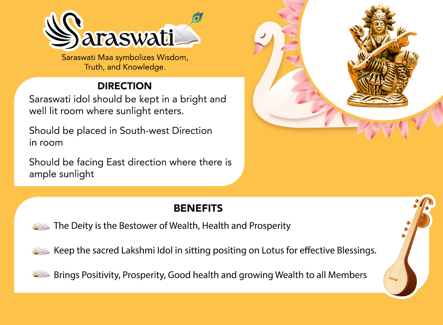 Pure Brass Saraswati Idol for Study Table, Pooja Room & Home Decor