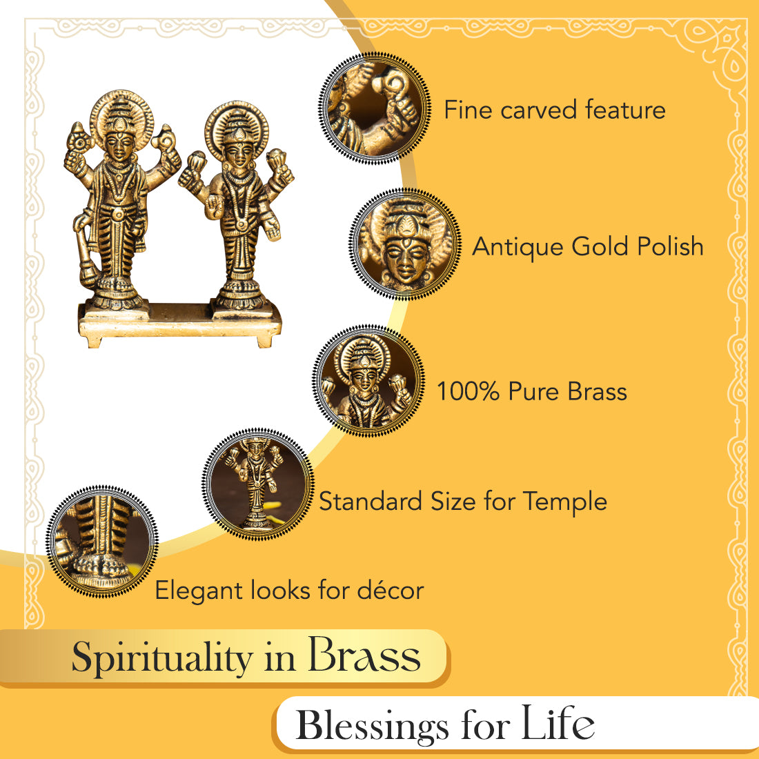 Pure Brass Vishnu Lakshmi Idol for Home, Pooja & Gifting
