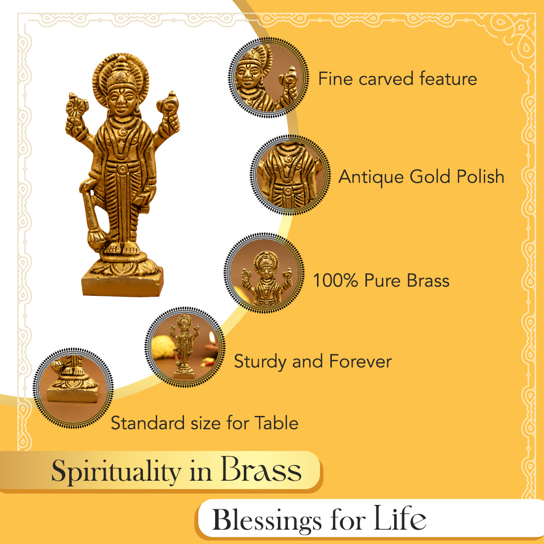 Pure Brass Lord Vishnu Idol for Pooja Room, Home Decor, Office Desk & Gifting