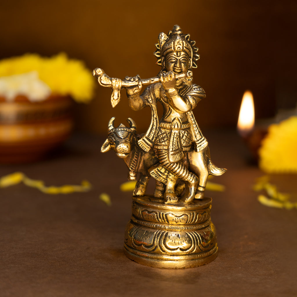 Brass Lord Krishna Idol for Puja, Home Decor & Spiritual Gifting