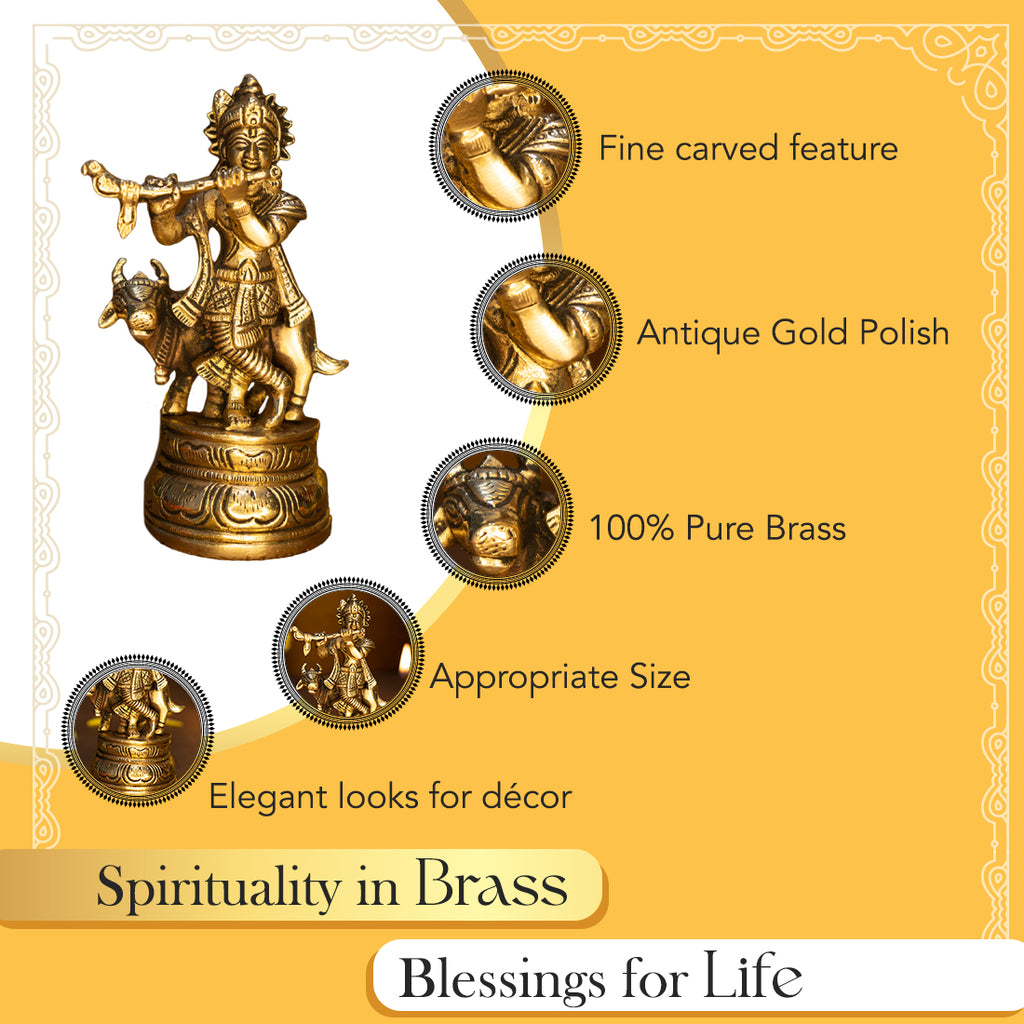 Brass Lord Krishna Idol for Puja, Home Decor & Spiritual Gifting