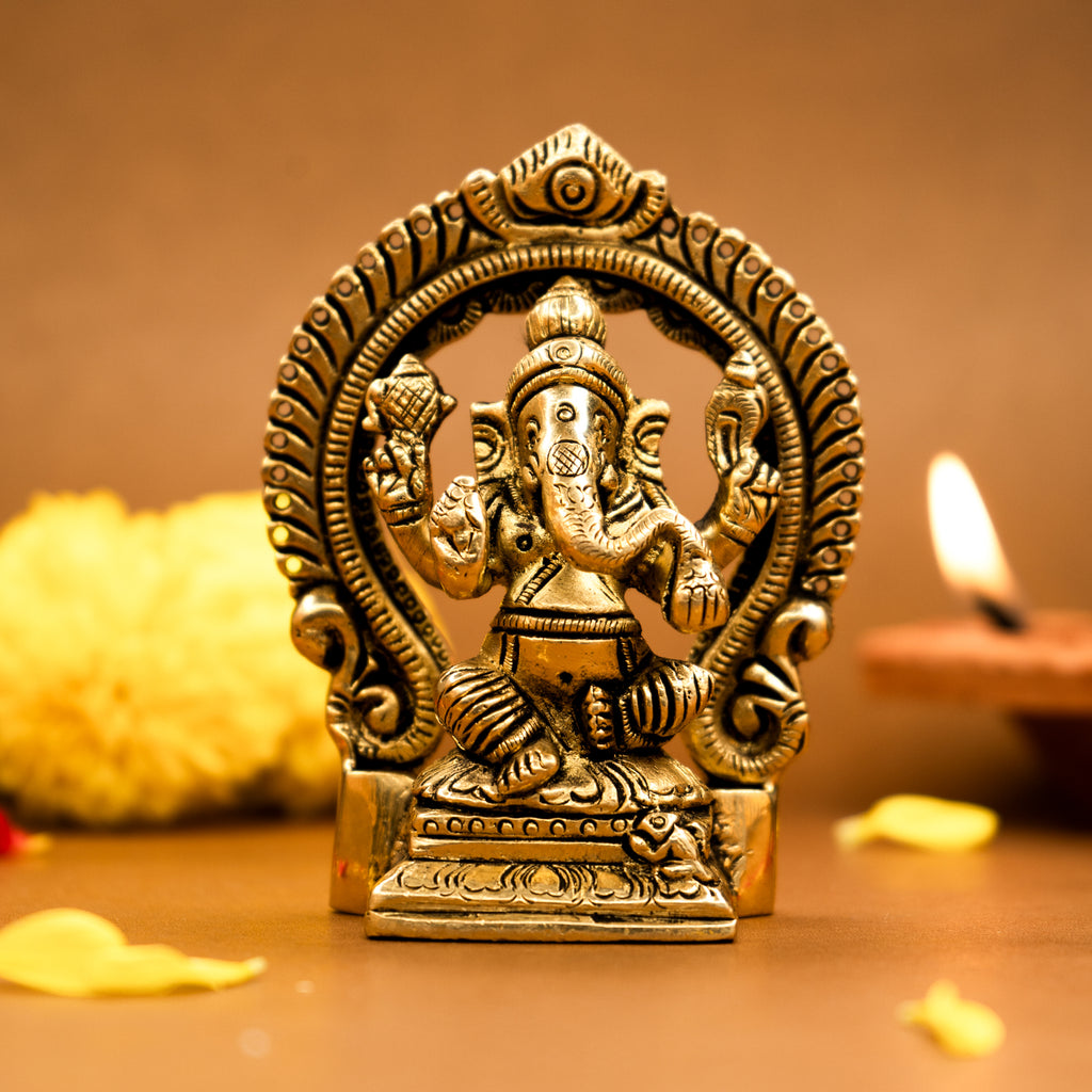 Brass Ganesha Idol (Size: 8.7 cm) for Pooja Room, Home Decor & Spiritual Gifting