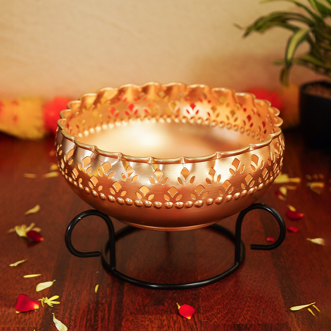 Iron Urli Bowl with Stand for Home Decor, Table Decor, Diwali Decoration & Gifting