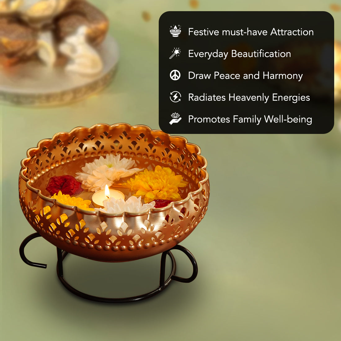 Iron Urli Bowl with Stand for Home Decor, Table Decor, Diwali Decoration & Gifting