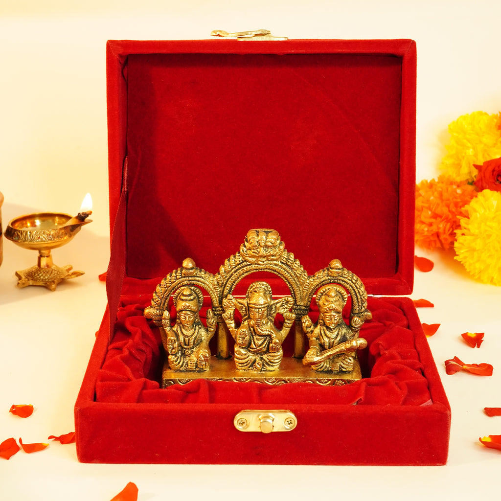 Brass Lakshmi Ganesha Saraswati Idol with Gift Box for Pooja, Housewarming & Wedding