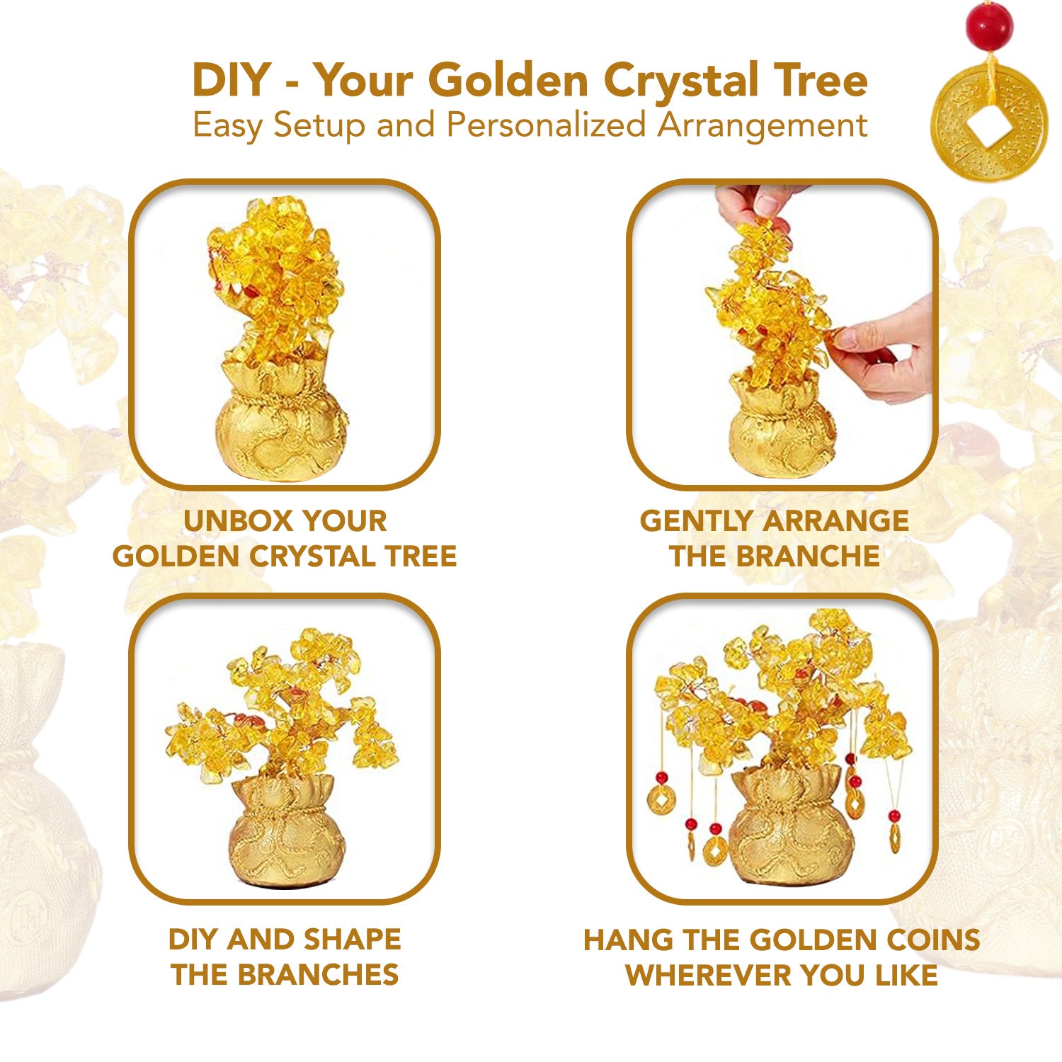 Crystal Feng Shui DIY Citrine Golden Tree Showpiece for Home, Office & Table Decor