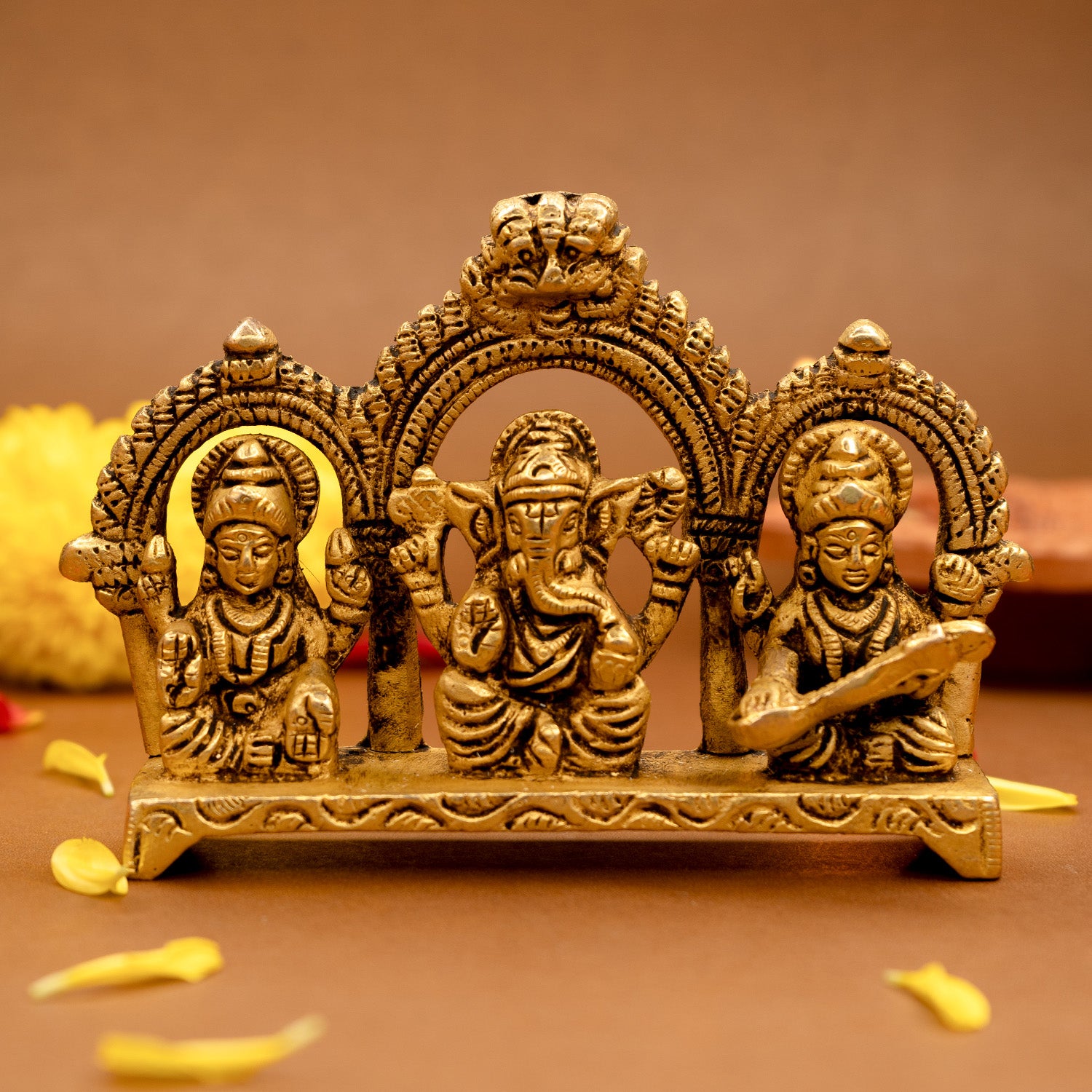 Brass Lakshmi Ganesha Saraswati Idol with Gift Box for Pooja, Housewarming & Wedding