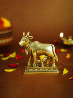 Pure Brass Kamdhenu Cow with Calf Idol for Vastu, Pooja & Home Decor