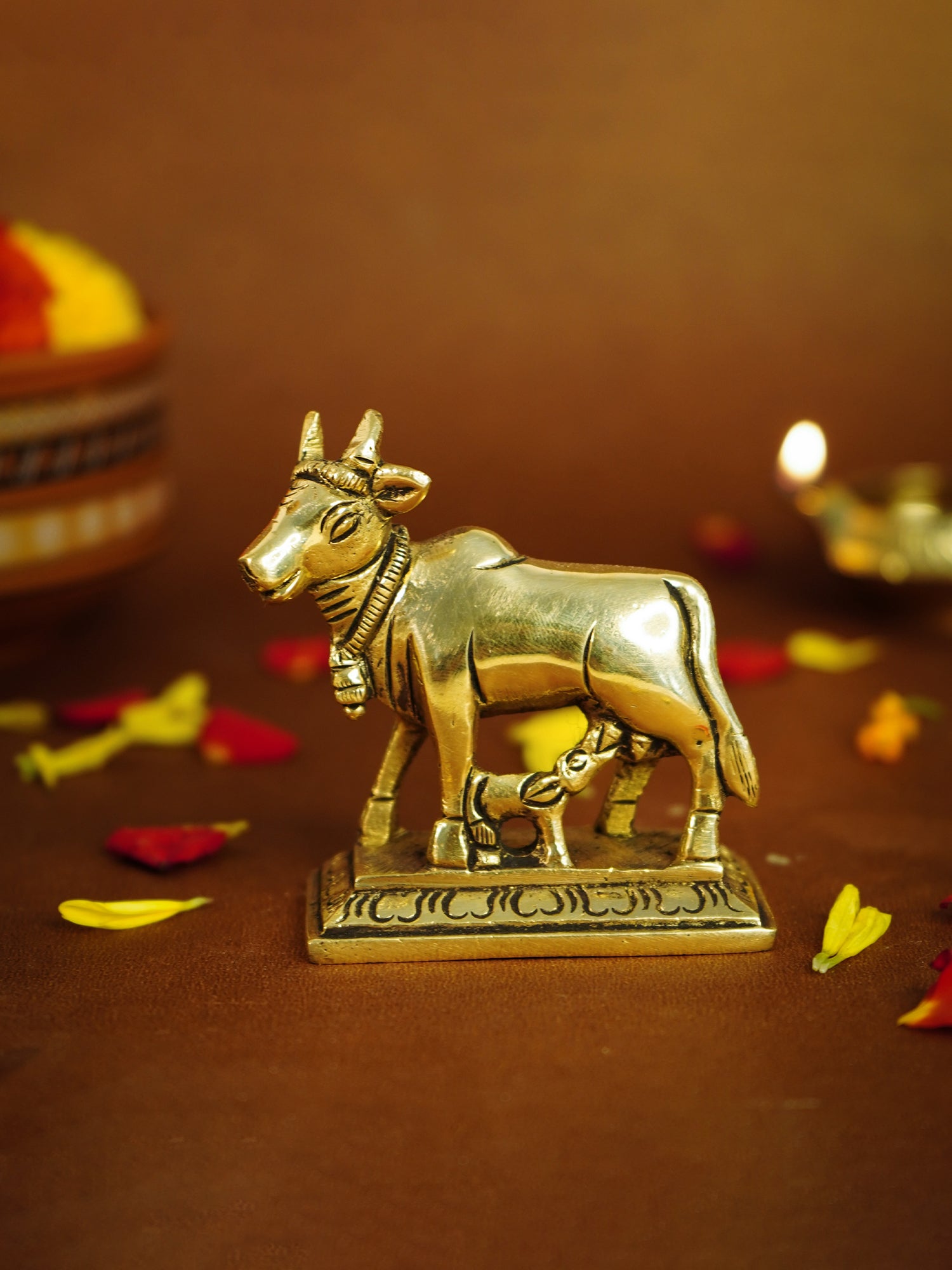Pure Brass Kamdhenu Cow with Calf Idol for Vastu, Pooja & Home Decor