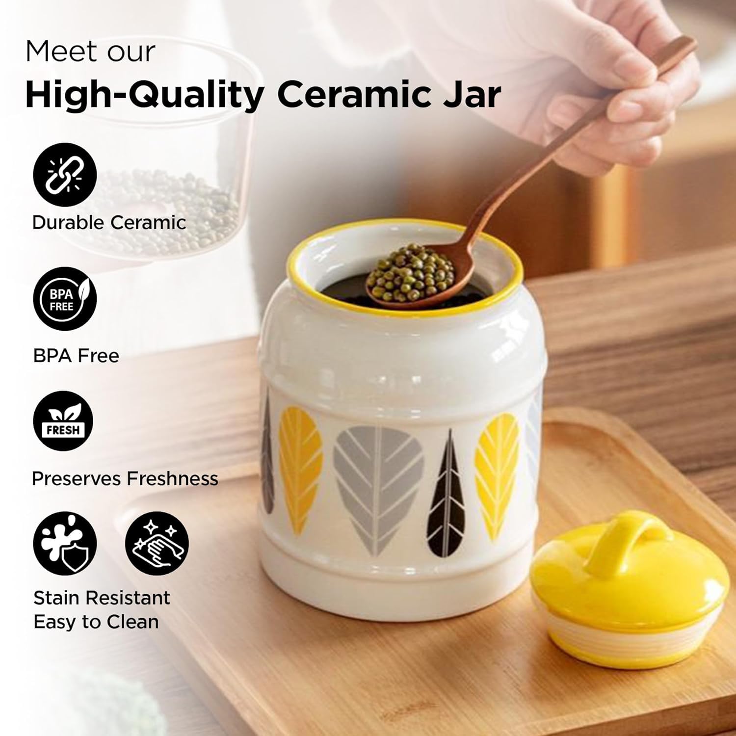 Ekhasa Big Ceramic Jar with Lid for Multipurpose Kitchen Storage (2500 ml, Yellow) Airtight Container Storage Jar for Kitchen Tea, Coffee, Sugar,