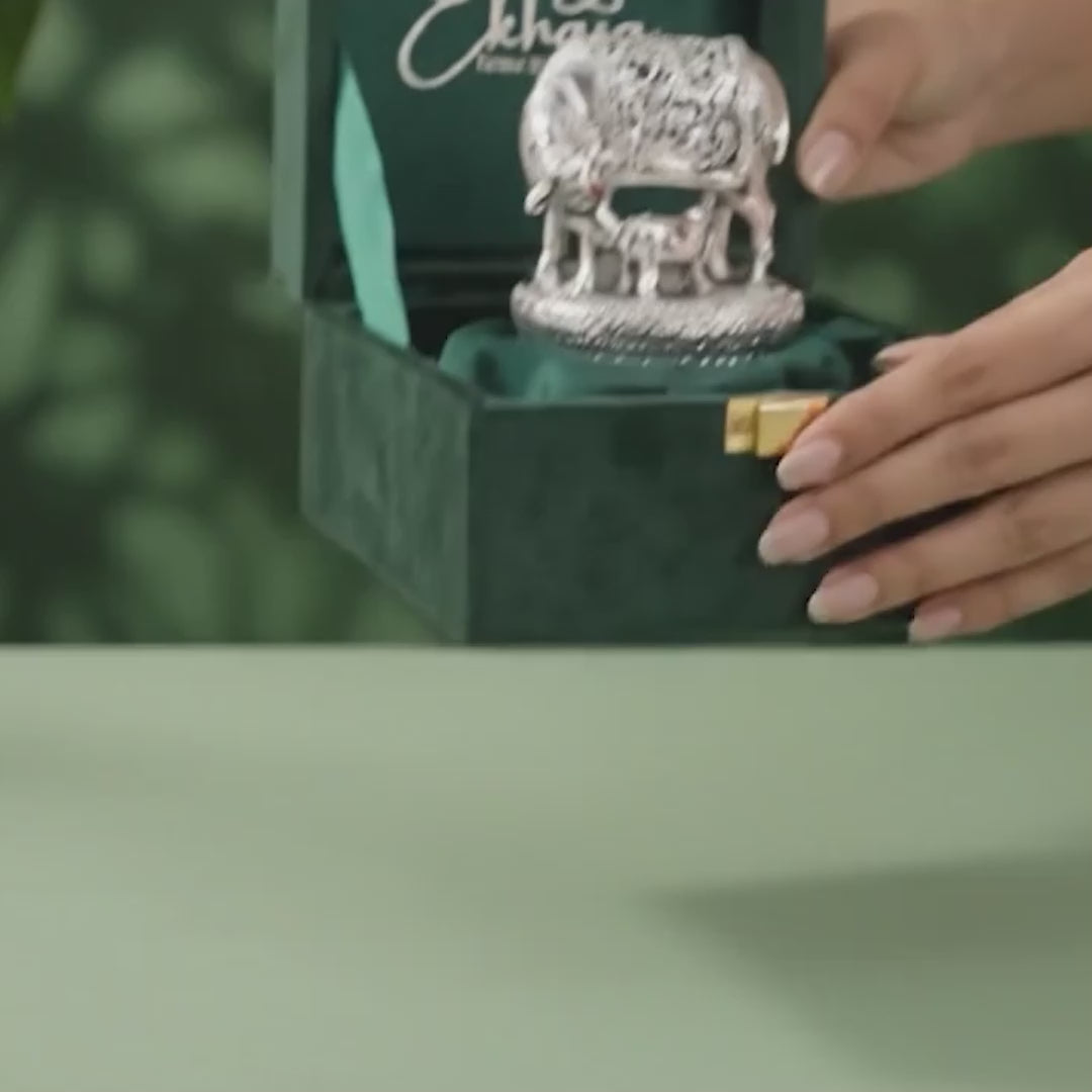 999 Silver Plated Kamdhenu Cow with Calf with Green Velvet Gift Box for Vastu, Housewarming & Wedding Gift