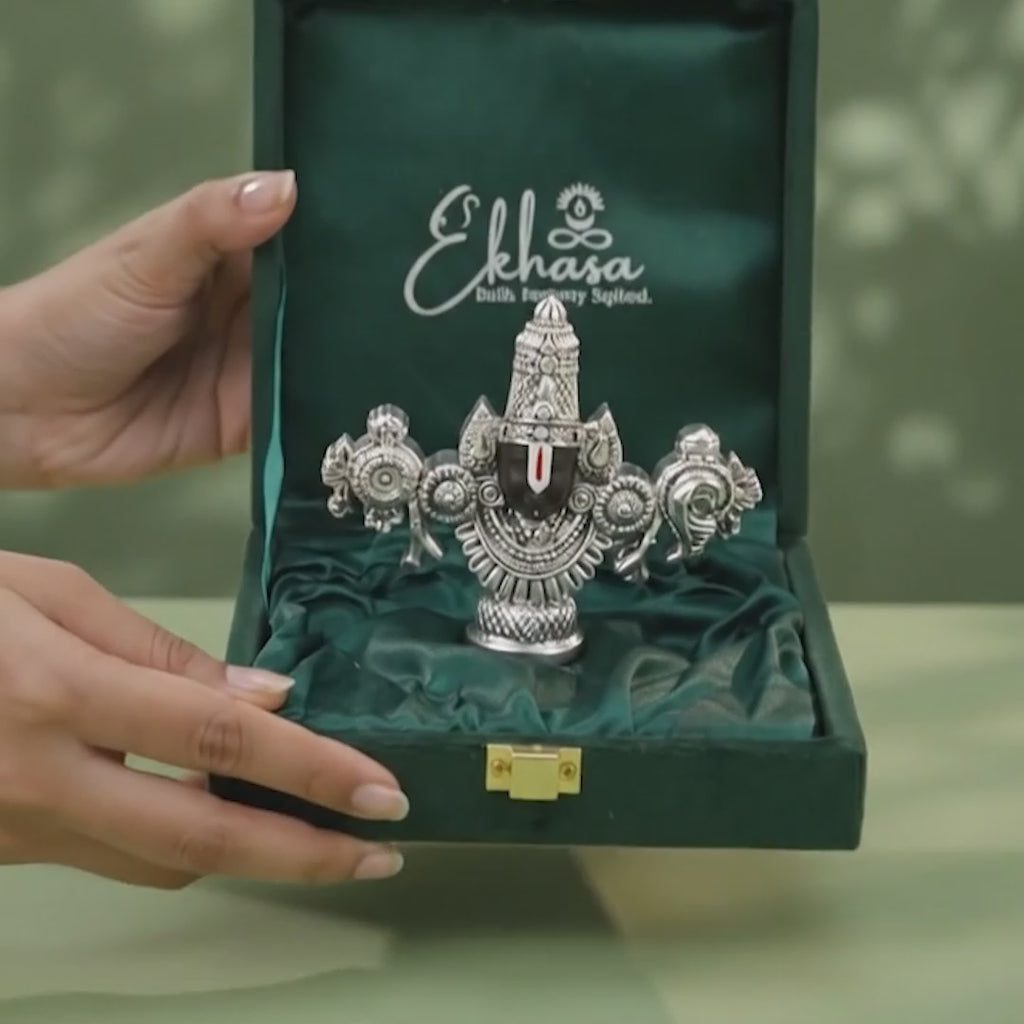 999 Silver Plated Tirupati Balaji Venkateshwara Idol with Green Velvet Gift Box for Vastu, Housewarming & Wedding Gifting