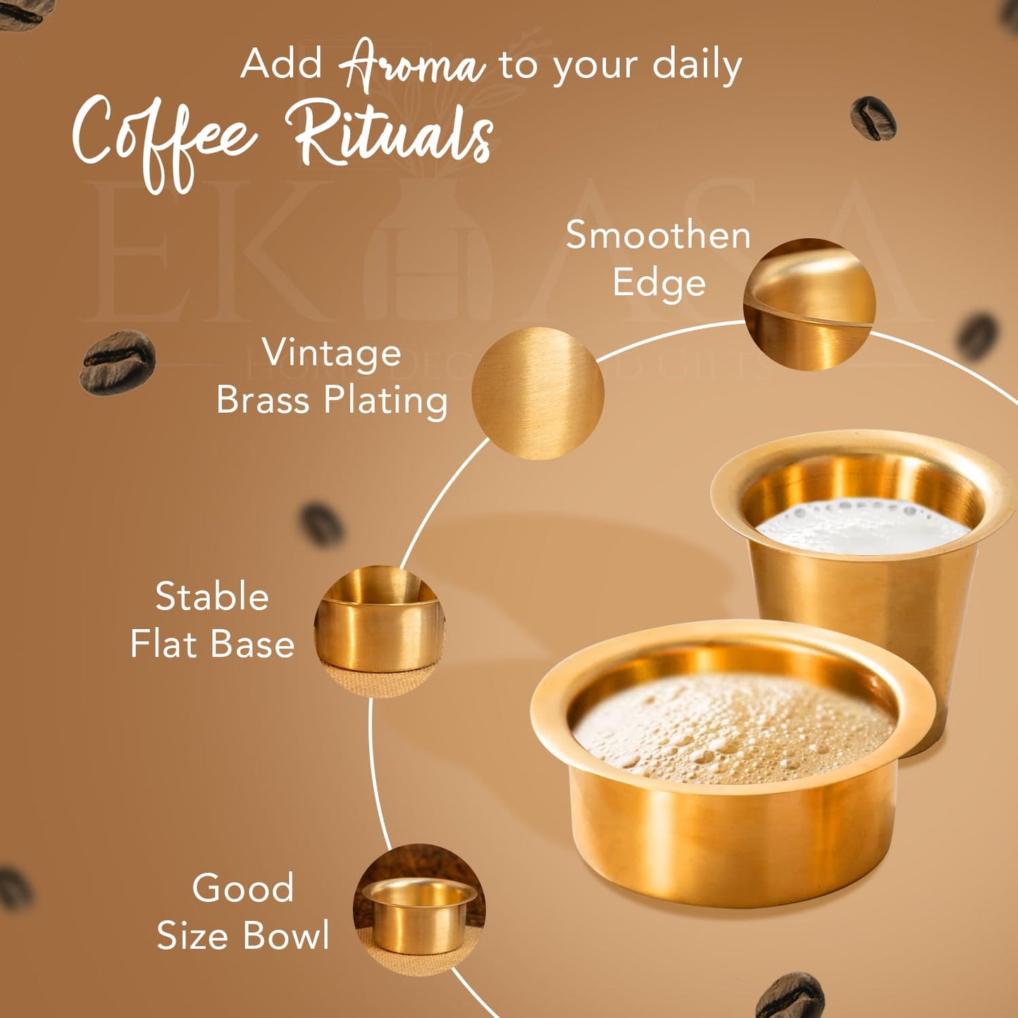 Ekhasa 100% Pure Brass Filter Coffee Cup | Dabara Set for Coffee | South Indian Dawara Coffee Cup Set | Pital Filter Coffee Cup Tumbler Set (Set of 4)