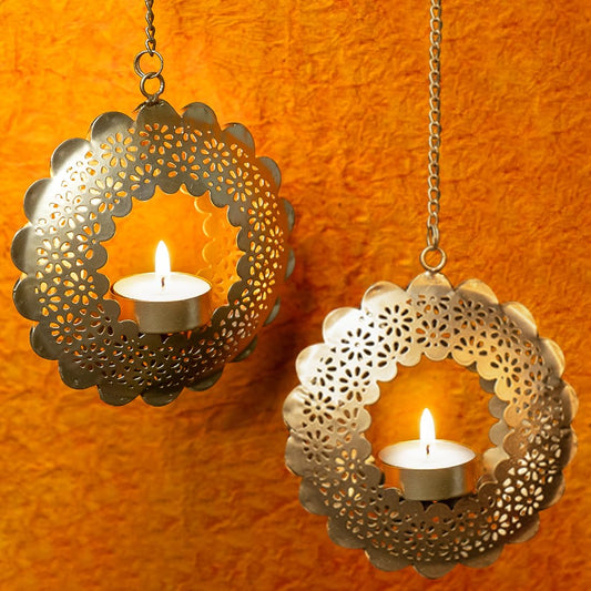 Ekhasa Iron Hanging Tealight Candle Holder for Home Decor Perfect Candle Holder for Diwali Decoration and Wall Hanging Decor Indoor & Outdoor, Festival Decorative Candles Gift Items (Set of 2), Gold